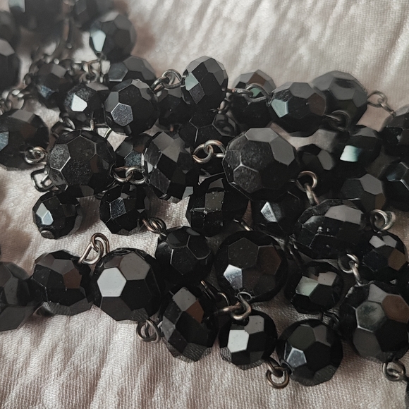 Dramatic Opera Length Black Plastic Faceted Glass Clear Rhinestone Bead Necklace - Picture 11 of 15